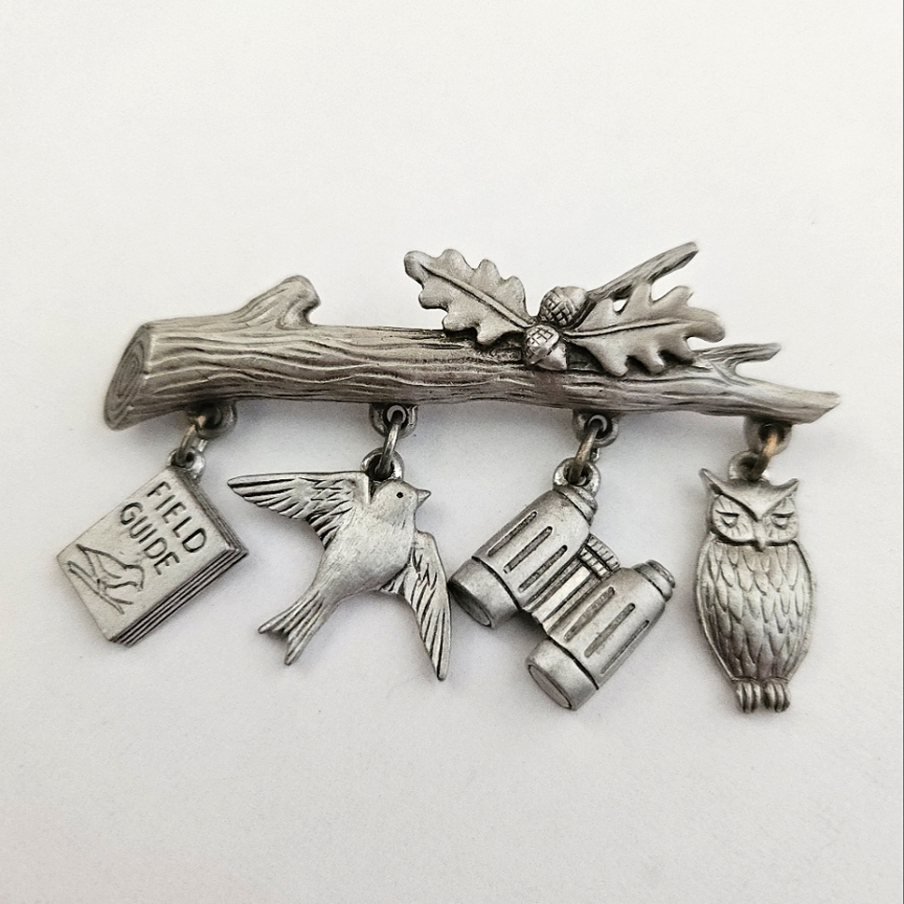 JJ Jonette - Vintage Bird Watching Dangle Charm Brooch